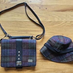 Mucros Weavers Fiona handback and Matching Clodagh Flapper hat, Purple Plaid NEW